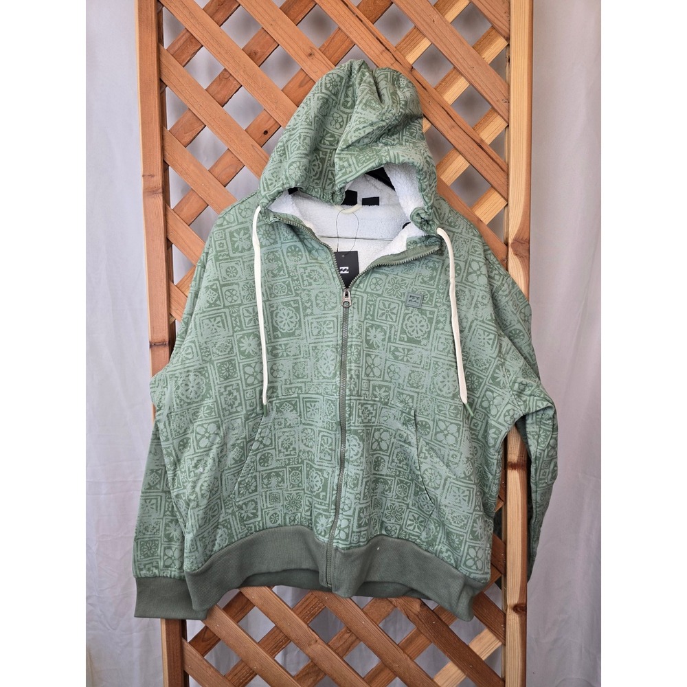 Billabong Sherpa Lined Full Zip Hoodie Mens XL Light Olive Green Pattern - New